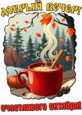 Открытка «Пожелание»: Добрый вечер! Счастливого октября!. Тэги: красивая, кофе, позитив, осень, настроение, природа…
