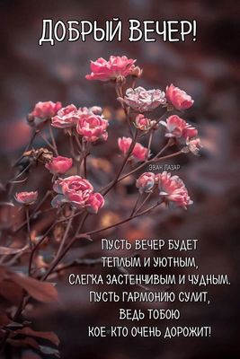 Открытка «Пожелание»: Добрый вечер! Нежное пожелание с красивыми розами. Тэги: красивая, позитив, цветок, стих…