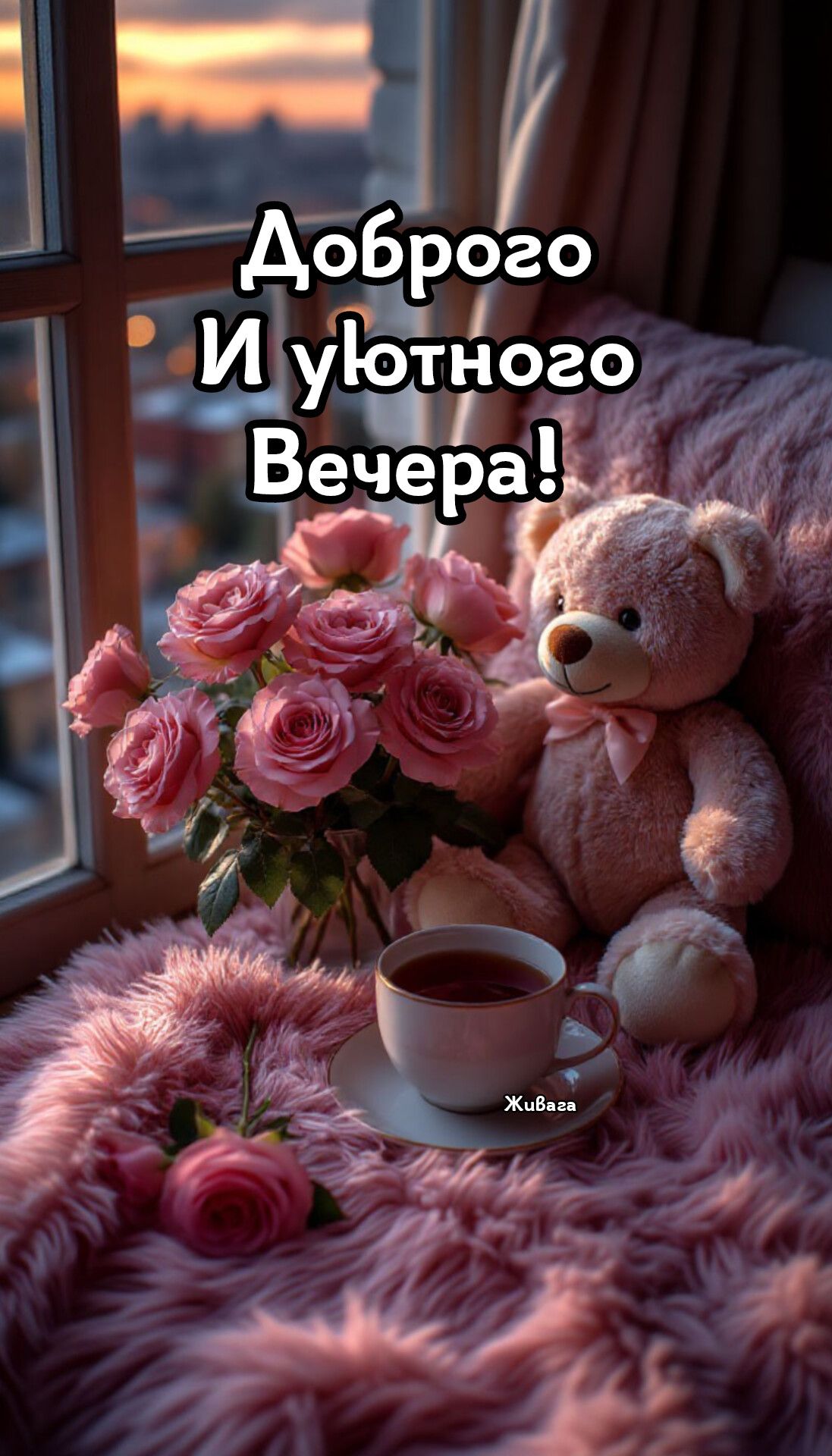 Открытка «Пожелание»: Доброго и уютного вечера! Милый мишка и розы. Тэги: позитив, радость, чай, уют, нежность, чашка…
