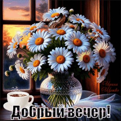 Открытка «Пожелание»: Добрый вечер! Нежная ромашка, уют и пожелание. Тэги: красивая, кофе, цветок, окно, чашка…