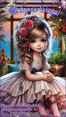 Открытка «Пожелание»: «Доброго вечера»: уют и гармония с милой девочкой. Тэги: улыбка, красивая, позитив, цветок…