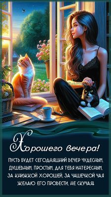 Открытка «Кот»: Хорошего вечера! Уютная открытка с женщиной и котом. Тэги: животное, пожелание, женщина, красивая, чай…