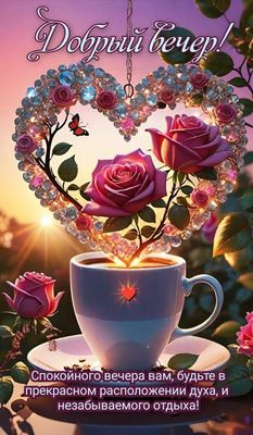 Открытка «Пожелание»: «Добрый вечер!» с розой и чашкой кофе. Тэги: красивая, кофе, позитив, радость, сердце, чашка…