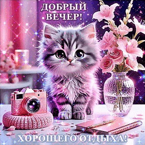 Открытка «Кот»: Добрый вечер! Милый котик и хороший отдых. Тэги: животное, красивая, позитив, цветок, настроение…