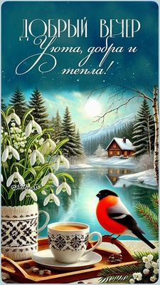 Открытка «Животное»: Добрый вечер: уют и тепло зимним пейзажем. Тэги: пожелание, красивая, кофе, цветок, уют, тепло…