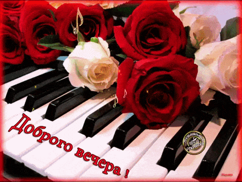 Открытка «Пожелание»: Доброго вечера! Нежные розы и музыкальное пожелание. Тэги: женщина, красивая, позитив, цветок…