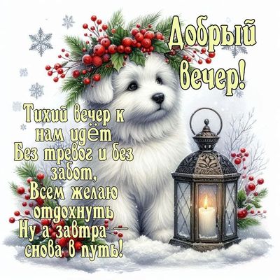 Открытка «Животное»: Добрый вечер с милым щенком: уютное зимнее пожелание. Тэги: пожелание, красивая, позитив, радость…
