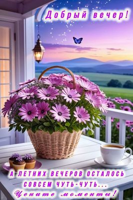 Открытка «Пожелание»: «Добрый вечер»: Цените летние моменты! Красивая открытка. Тэги: красивая, кофе, цветок, чашка…