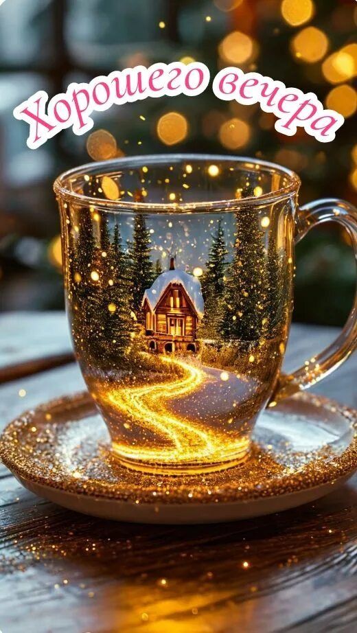 Открытка «Пожелание»: Хорошего вечера! Уютная зимняя сказка. Тэги: красивая, позитив, чашка, настроение, зима, блюдце…