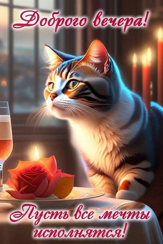 Открытка «Кот»: Красивый кот: «Доброго вечера! Пусть мечты исполнятся». Тэги: животное, пожелание, улыбка, красивая…