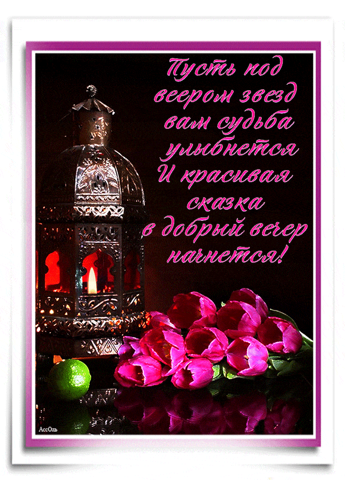 Открытка «Пожелание»: Красивая сказка в «добрый вечер». Тэги: улыбка, красивая, цветок, стих, фонарь, счастье, нежная…
