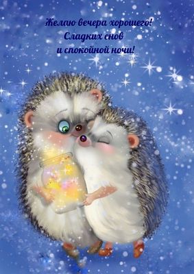 Открытка «Животное»: Спокойной ночи с нежными ежиками и звездными снами. Тэги: пожелание, улыбка, позитив, настроение…
