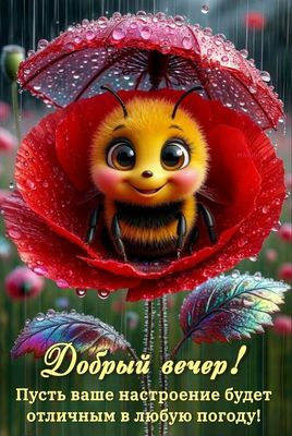 Открытка «Животное»: Добрый вечер! Милая пчелка и хорошее настроение. Тэги: пожелание, прикольная, улыбка, красивая…