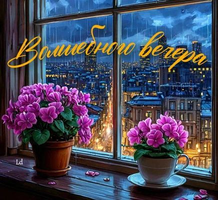 Открытка «Пожелание»: Красивая открытка «Волшебного вечера» с цветами. Тэги: красивая, позитив, цветок, окно, чашка…