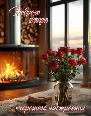 Открытка «Пожелание»: Доброго вечера: уют, розы и хорошее настроение. Тэги: красивая, позитив, радость, окно, настрое…