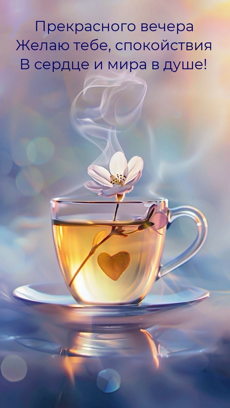 Открытка «Пожелание»: Прекрасного вечера – спокойствия и мира в душе!. Тэги: красивая, позитив, сердце, цветок, чай…