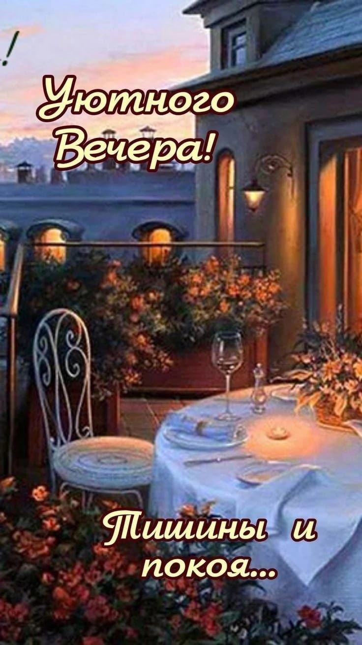 Открытка «Пожелание»: Уютного вечера! Красивое пожелание тишины и покоя. Тэги: красивая, цветок, уют, стол, настроение…