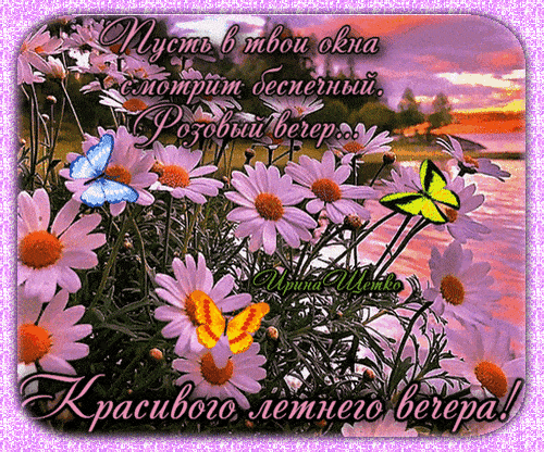 Открытка «Пожелание»: Нежная открытка: Красивого летнего вечера и бабочки. Тэги: улыбка, красивая, позитив, радость…