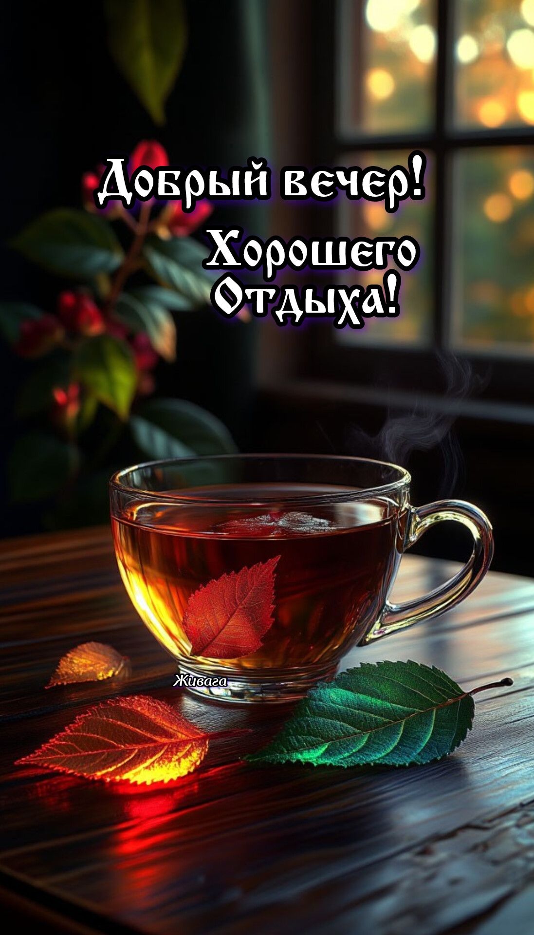 Открытка «Пожелание»: Добрый вечер! Уютный чай для отдыха. Тэги: красивая, позитив, чай, осень, окно, стол, чашка…