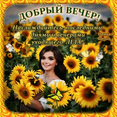 Открытка «Пожелание»: Добрый вечер! Теплое летнее пожелание с подсолнухами. Тэги: улыбка, женщина, красивая, позитив…