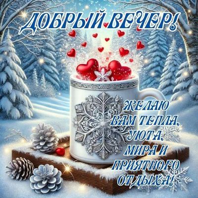 Открытка «Пожелание»: Добрый вечер! Тепло, уют и любовь в зимней сказке. Тэги: красивая, сердце, уют, тепло, чашка…