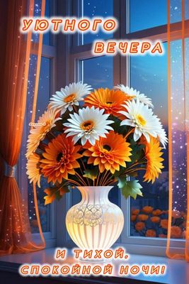 Открытка «Пожелание»: Уютного вечера и тихой ночи: нежный букет. Тэги: красивая, цветок, окно, настроение, нежная…