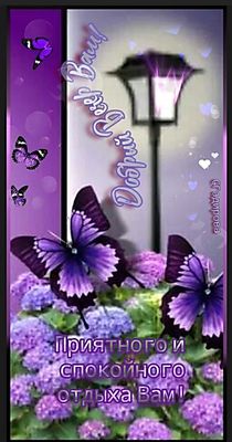 Открытка «Пожелание»: Добрый вечер и приятный отдых с бабочками. Тэги: красивая, позитив, сердце, цветок, фонарь…