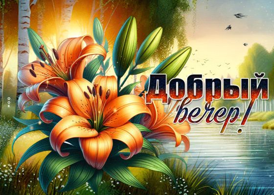 Открытка «Пожелание»: «Добрый вечер» – яркая открытка с цветами и природой. Тэги: друг, подруга, красивая, позитив…