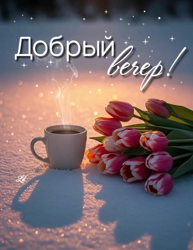 Открытка «Пожелание»: Добрый вечер! Уют с тюльпанами и горячим кофе. Тэги: красивая, кофе, позитив, цветок, чашка…