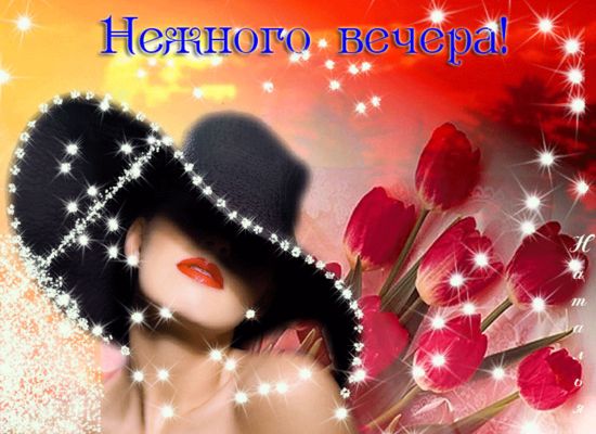 Открытка «Пожелание»: «Нежный вечер»: женщина в шляпе и красные тюльпаны. Тэги: женщина, девушка, красивая, позитив…