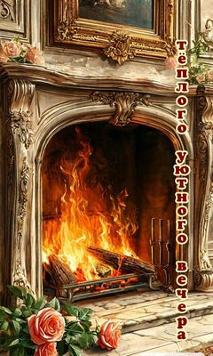 Открытка «Добрый вечер и пожелания»: Пожелание тёплого уютного вечера: камин и розы. Тэги: Доброго вечера и хорошего…