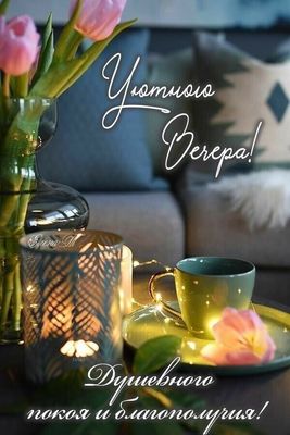 Открытка «Пожелание»: Уютного вечера! Пожелание душевного покоя. Тэги: красивая, цветок, чашка, фонарь, настроение…