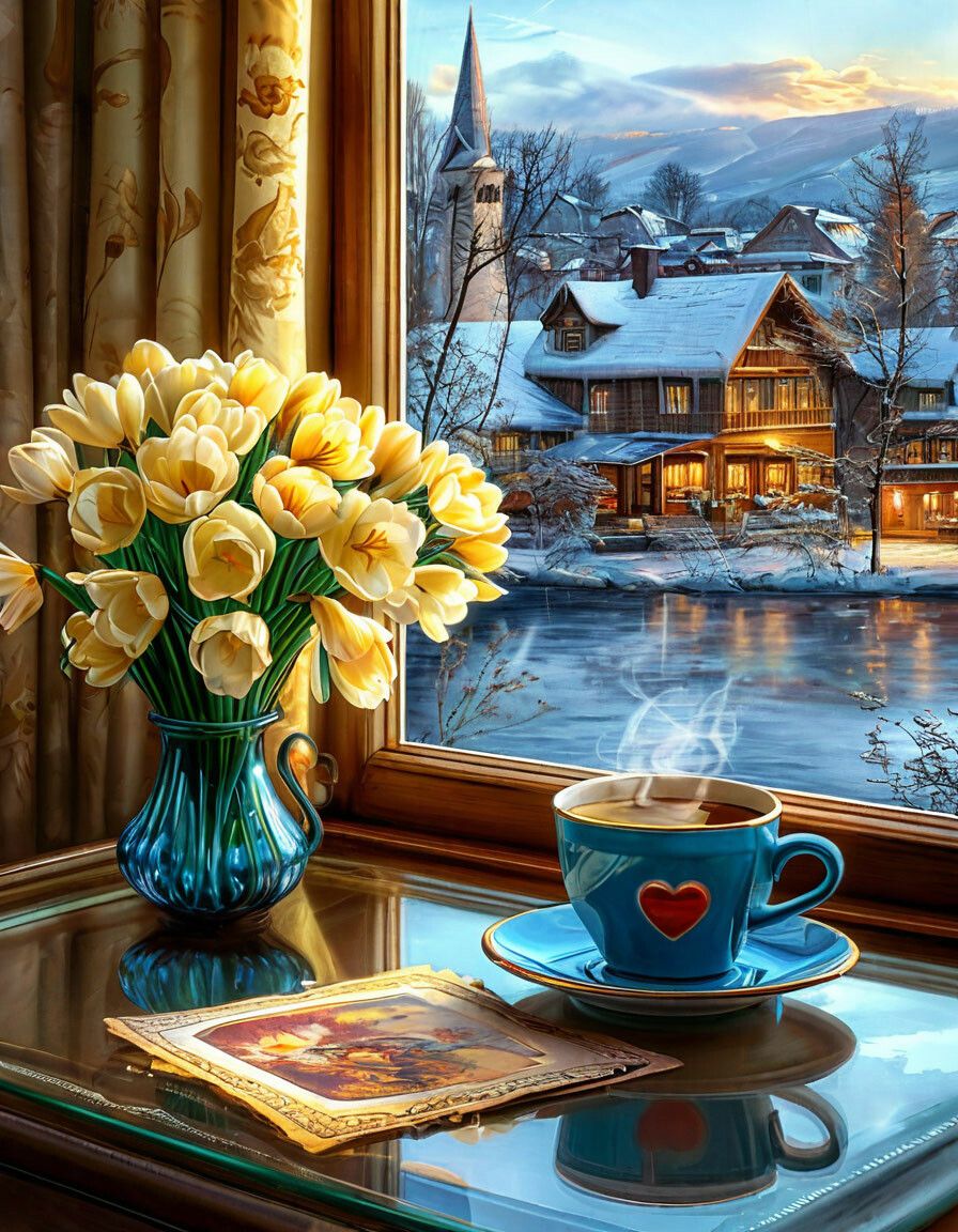 Открытка «Добрый вечер и пожелания»: Зимнее утро: кофе, тюльпаны и уютный пейзаж. Тэги: Добрый зимний вечер, Добрый в…