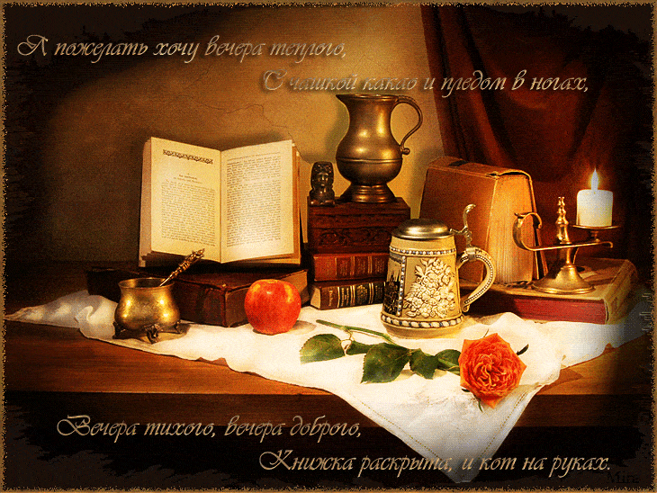 Открытка «Кот»: Уютный вечер: пожелание с книгой и какао. Тэги: пожелание, красивая, позитив, стих, настроение, книга…