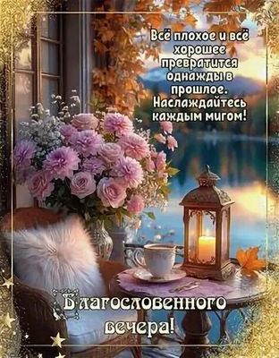 Открытка «Пожелание»: Уютный вечер: наслаждайся каждым мигом!. Тэги: красивая, цветок, осень, окно, чашка, фонарь…