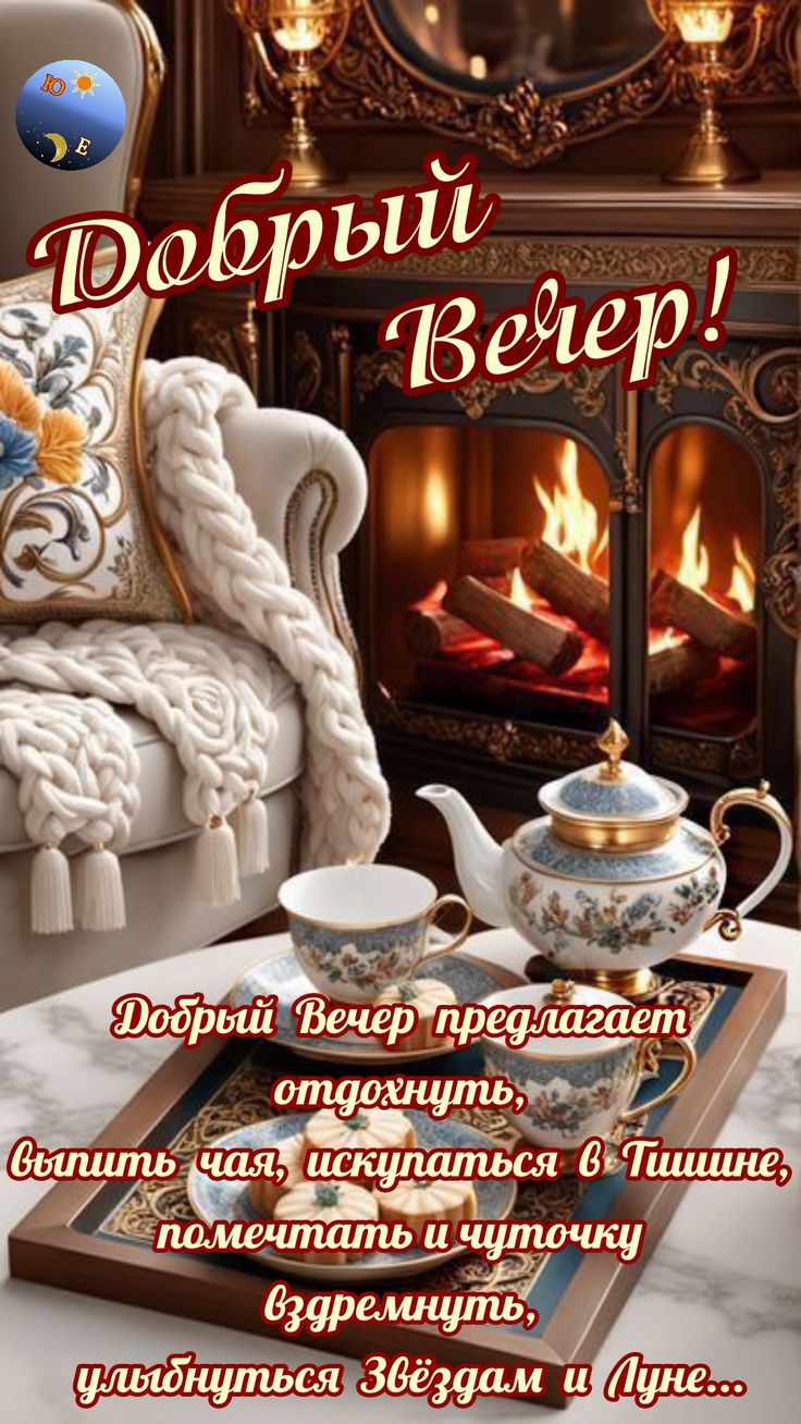 Открытка «Пожелание»: Уютный добрый вечер у камина с чаем. Тэги: красивая, чай, печенье, чашка, настроение, плед…