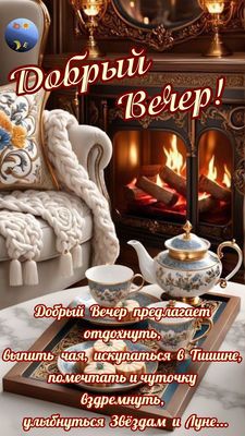 Открытка «Пожелание»: Уютный добрый вечер у камина с чаем. Тэги: красивая, чай, печенье, чашка, настроение, плед…