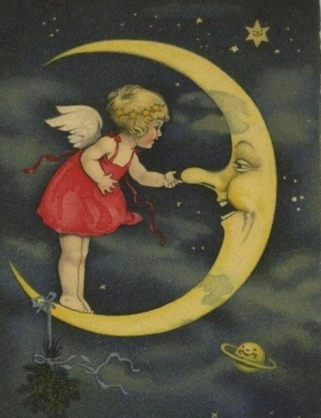 Открытка «Улыбка»: Сказочная ночь: нежная открытка с ангелом и луной. Тэги: позитив, настроение, ребенок, нежная…