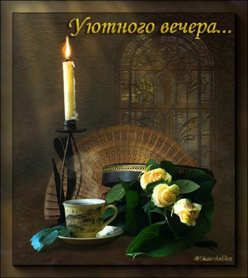 Открытка «Пожелание»: Открытка «Уютного вечера»: нежность и тепло свечи. Тэги: красивая, цветок, чай, уют, нежность…