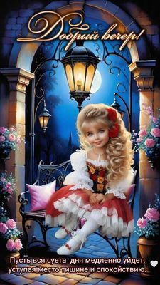 Открытка «Пожелание»: «Добрый вечер!» с милой девочкой и пожеланием спокойствия. Тэги: красивая, позитив, цветок…
