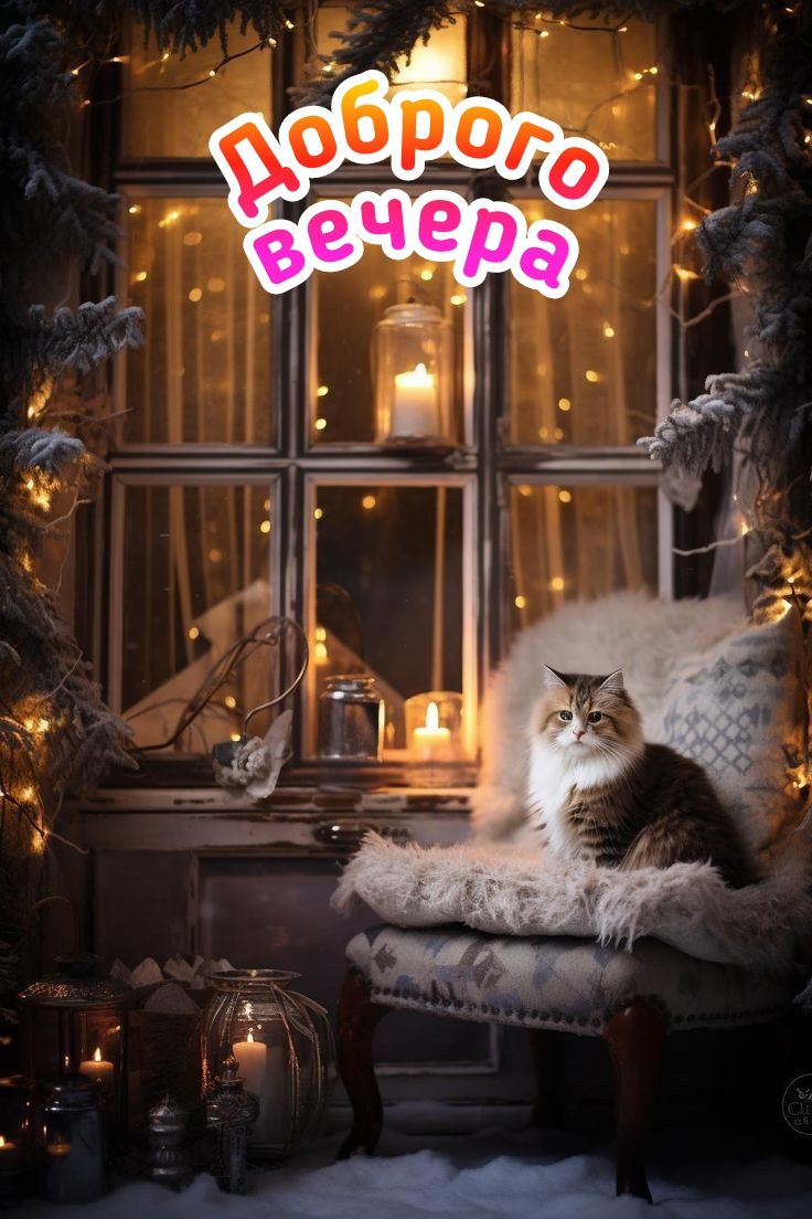 Открытка «Кот»: Вечер, кот и уют: мерцающая зимняя сказка. Тэги: животное, пожелание, красивая, уют, окно, фонарь…
