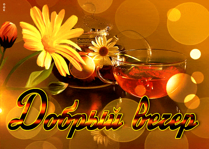 Открытка «Пожелание»: Добрый вечер – уютный чай и яркий цветок. Тэги: красивая, цветок, чай, осень, чашка, настроение…