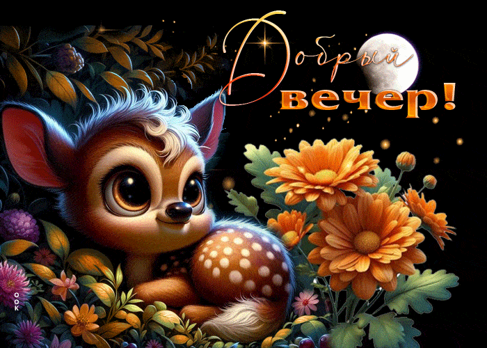 Открытка «Животное»: Добрый вечер! Милая открытка с животным и цветами. Тэги: пожелание, красивая, позитив, радость…