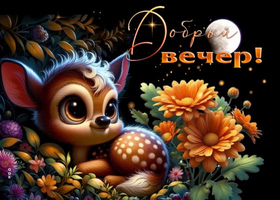 Открытка «Животное»: Добрый вечер! Милая открытка с животным и цветами. Тэги: пожелание, красивая, позитив, радость…