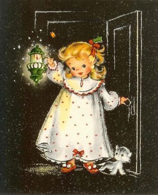 Открытка «Кот»: Милая девочка с фонариком: доброй ночи и сладких снов. Тэги: пожелание, дверь, настроение, ребенок…