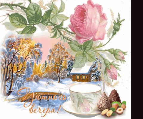 Открытка «Пожелание»: Уютного вечера! Зимний пейзаж и нежная роза. Тэги: кофе, цветок, чашка, настроение, зима…
