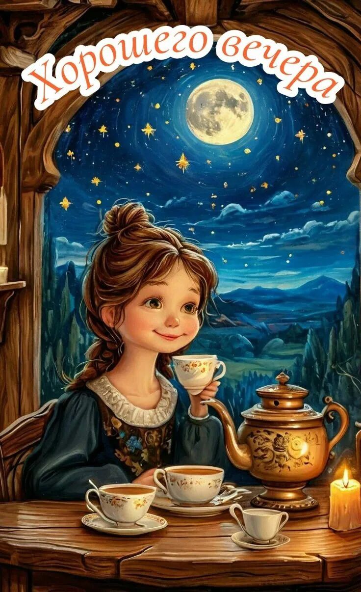 Открытка «Пожелание»: Сказочный вечер: уютная открытка с девушкой и чаем. Тэги: девушка, красивая, позитив, чай, окно…