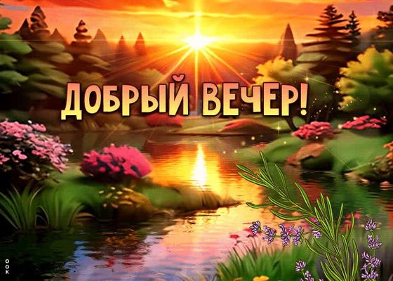 Открытка «Пожелание»: Добрый вечер! Красивый пейзаж и яркое солнце. Тэги: красивая, позитив, радость, цветок, настрое…