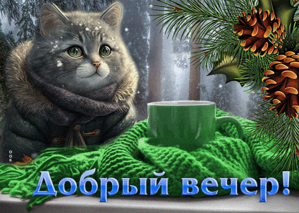 Открытка «Кот»: Добрый вечер! Милый кот, снег и чашка чая. Тэги: животное, пожелание, позитив, чай, окно, настроение…