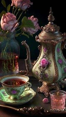 Открытка «Изящный»: Доброе утро: Красивая открытка с чаем и розами. Тэги: Добрый вечер и пожелания, Добрый вечер крас…